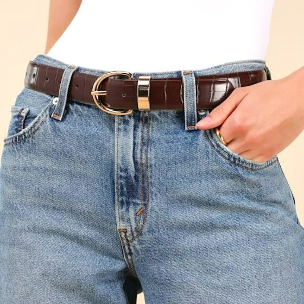 Lulus Modern Details Black And Brown Croc-embossed Two-piece Belt Set